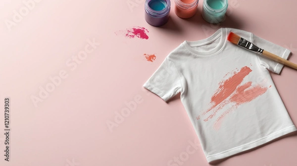 Fototapeta A flat lay showcasing a white t-shirt with paint splatters, paints, and a brush on a pink background. The image suggests DIY fashion or art