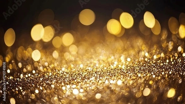 Fototapeta Golden glitter sparkles against a dark background, creating a dazzling and shimmering effect.