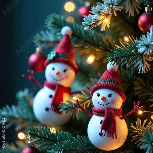 Fototapeta Christmas tree adorned with cute snowman dolls and fairy lights, christmas tree, playful, snowman