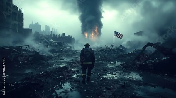 Fototapeta A lone firefighter stands amidst the aftermath of a crash, surrounded by smoke and debris, symbolizing resilience and duty in the face of tragedy.