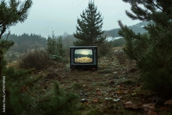 Obraz An old television sits incongruously in a forest clearing, displaying static amidst an otherwise natural, tranquil setting.