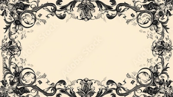 Fototapeta An ornate frame with a vintage design featuring floral ornaments, leaf scrolls, and a black and white retro flower pattern. The frame has a Japanese filigree calligraphic style with heraldic swirls.