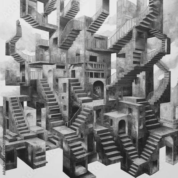 Obraz トリックアート。階段の迷宮・迷路