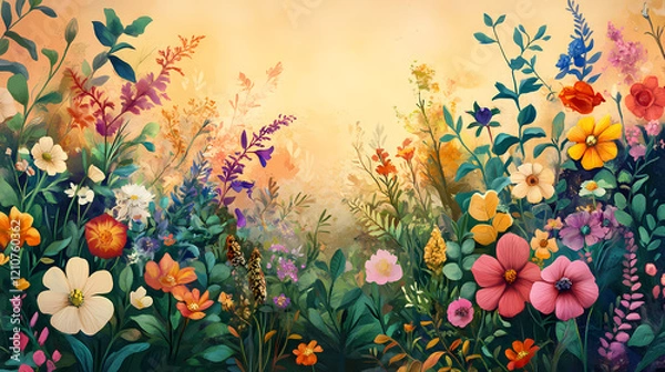 Fototapeta Whimsical botanical fantasy with vibrant floral arrangements and organic asymmetry. Enchanted Glade. Illustration