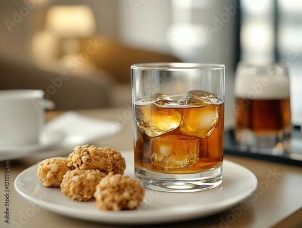 Fototapeta Enjoying a Refreshing Drink With Snacks in a Cozy Indoor Setting During the Evening