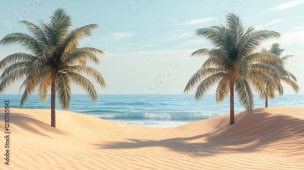 Fototapeta Palm Trees Stand Majestically on Sandy Beach Overlooking Calm Ocean Waves Under a Bright Blue Sky During a Serene Afternoon