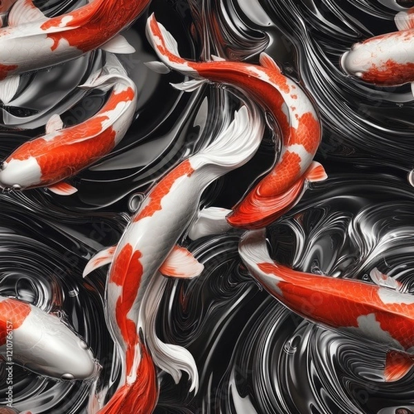 Fototapeta Abstract 3D koi fish swimming in circles with a liquid metal effect . Seamless abstract 3d pattern background