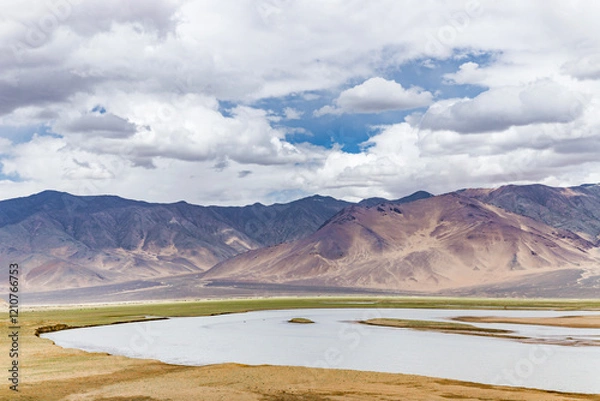 Fototapeta Beautiful landscape with mountains at Pampakarule and Sango Plain, near Hanle village in Ladakh, situated on the border with India and China, Leh, Ladakh, India.