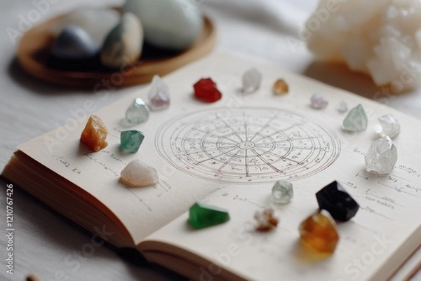 Obraz Mystical stones encircle an astrological chart on an open book, creating an atmosphere of ancient wisdom and cosmic inquiry.