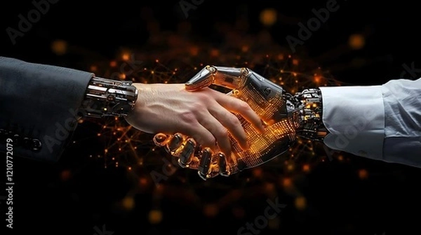 Fototapeta Human and robot handshake, future tech collaboration, dark background, network connections, for tech or AI concepts
