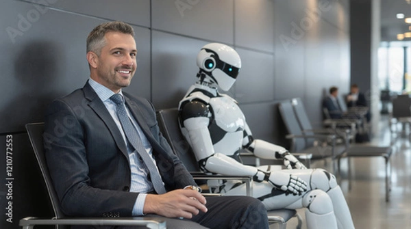 Fototapeta Businessman and Humanoid Robot Sitting in Lobby Awaiting Job Interview, Future Workforce and AI Integration