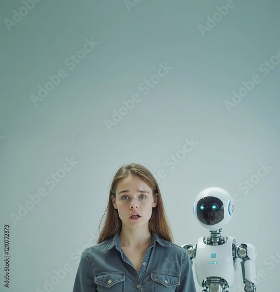 Fototapeta Concerned woman with Humanoid Robot Facing Fears of Job Displacement in the Age of AI