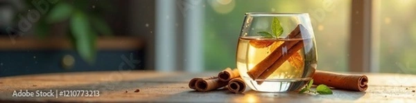 Fototapeta Cinnamon sticks and water in a clear glass jar create a peaceful ambiance, serene, minimalist, glassware