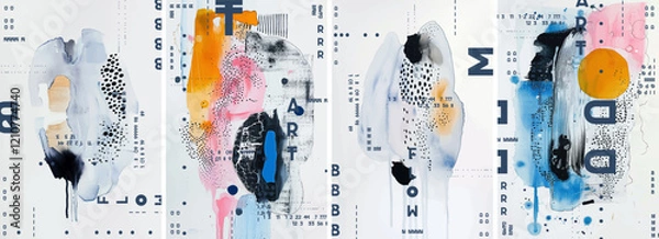 Obraz A series of abstract, minimalistic modern designs with figure and shape with soft edges and subtle gradients. The color palette includes pastel pinks, blues, yellows, whites, and black accents.