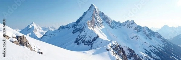 Fototapeta A blanket of powdery snow wraps around a frozen mountain peak, mountain range, icy peak