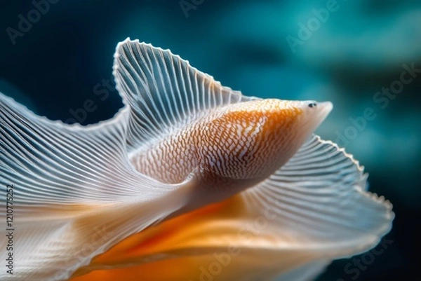 Fototapeta A graceful fish glides through water, its delicate fins fanned, casting shadows of light and mystery in the deep blue sea.
