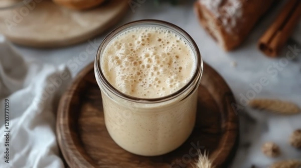Obraz A glass jar with active, bubbly sourdough starter on the top. Homemade bread baking