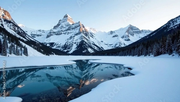 Fototapeta Snowy peaks of Timpanogos mountain reflected in icy lake surface, wilderness, serene, snow