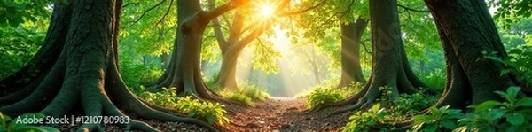 Obraz Trees with large roots visible in the understory, sunlight filters through the canopy above, sunlit, understory, leafy