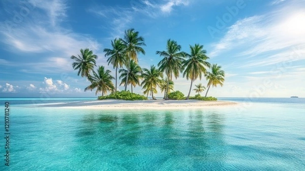 Fototapeta Lush tropical island with palm trees and clear blue water, soft light, peaceful and inviting, highly detailed, warm and idyllic, calm and serene atmosphere