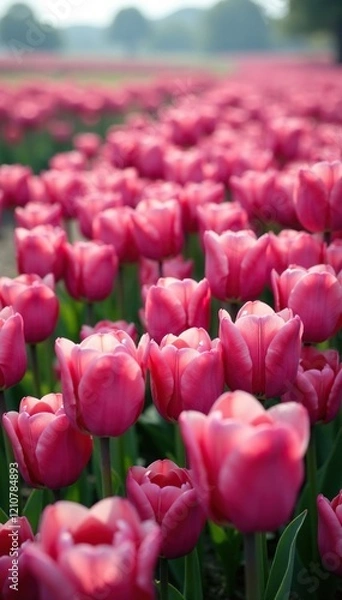 Fototapeta A field of tulips in shades of pink and purple, gentle breeze, landscape