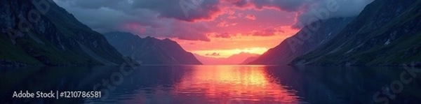 Fototapeta Fjord's dark depths illuminated by glowing sunset, twilight, sea, sunlight