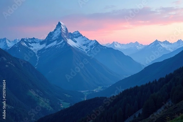 Fototapeta Mountain peaks and valleys bathed in a soft blue hue at dusk, sky, nature, landscape