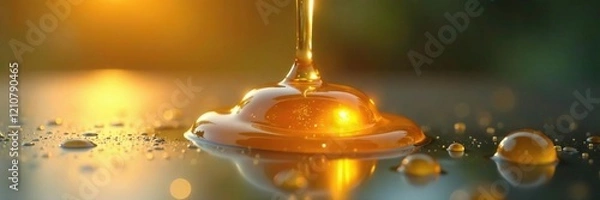 Fototapeta Honey droplets merge into a single glob on a glass surface, glass, drip