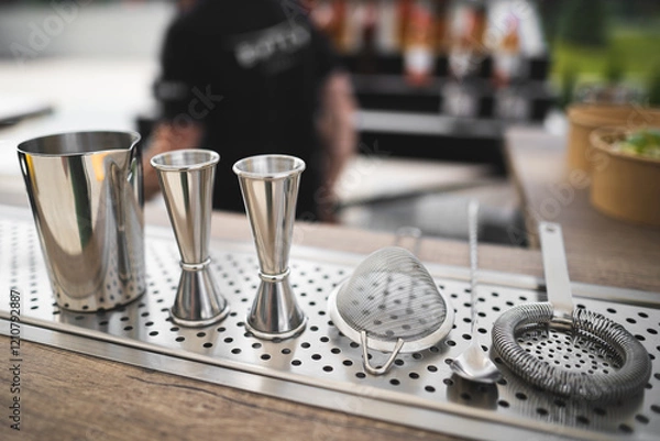Fototapeta professional accessories on the table for making an alcoholic cocktail by a bartender