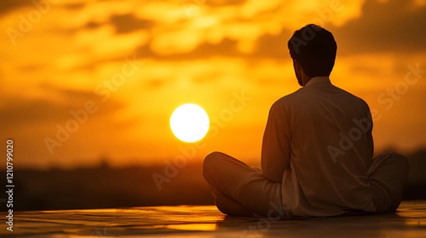 Fototapeta Man Meditating and Watching Sunset with Tranquil Horizon View : Generative AI