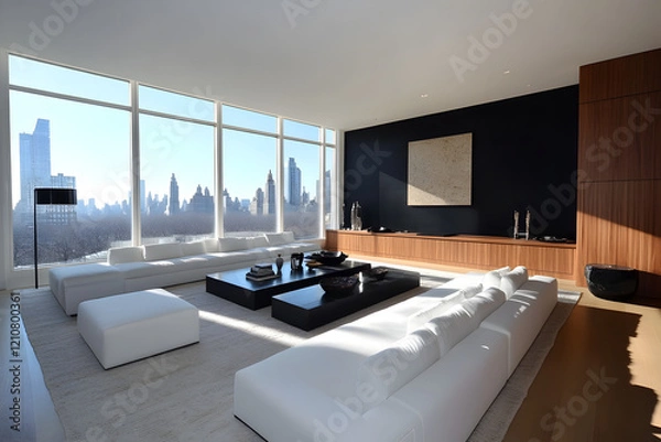 Fototapeta Open-plan living area with modular sofas, natural wood cabinetry, and a blend of black and white tones enhancing modern aesthetics