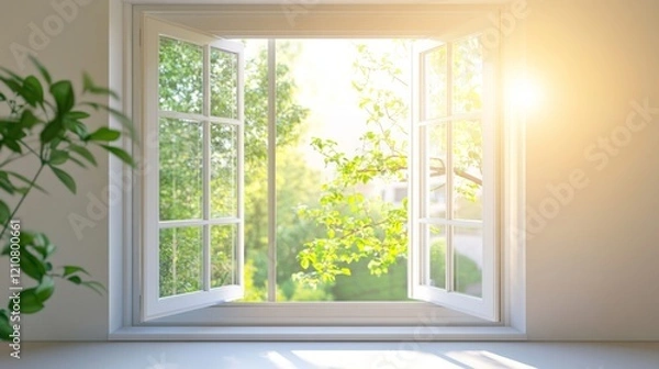 Fototapeta Open Window with Sunlight and Nature View - Fresh and Bright Home Design