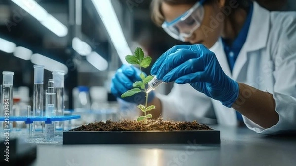 Fototapeta A focused scientist in a lab coat is carefully nurturing a young plant with a dropper. The setting showcases modern biotechnology practices.