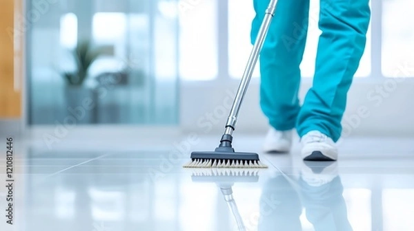 Obraz Person in a blue scrub suit is cleaning a floor with a broom