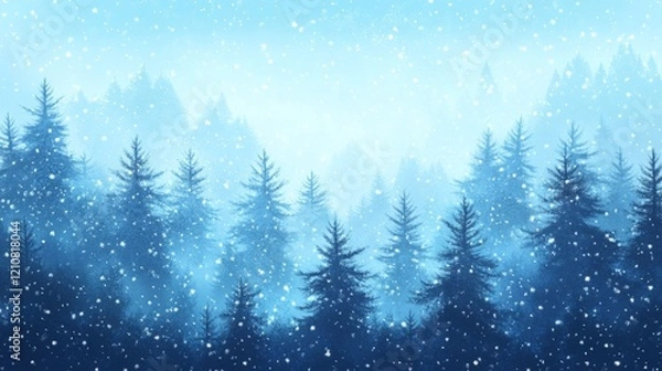 Fototapeta Soft glittering snowfall over a blue forest landscape, highly detailed, cold and delicate, natural and beautiful, peaceful and magical atmosphere