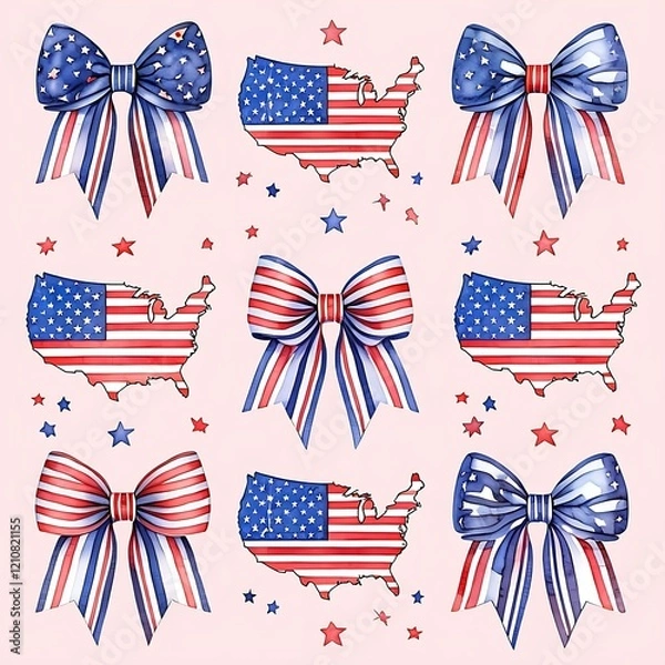 Fototapeta Patriotic Watercolor Bows and Maps Seamless Pattern Design – Festive Americana Style