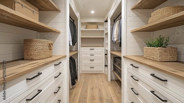 Fototapeta A stylish minimalist dressing room featuring neutral colors, wooden shelves, and a clutter-free aesthetic, ideal for organization and elegance.