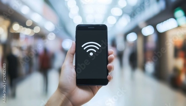 Fototapeta Person Holding Smartphone With Free Wifi In A Blurred Shopping Mall Environment. Mobile Technology In Retail Setting. Modern Connectivity In Shopping Area.