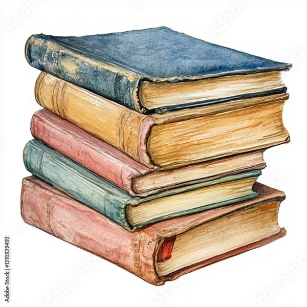 Fototapeta A watercolor stack of vintage books showcases intricate textures and colors against a white backdrop, evoking nostalgia and charm