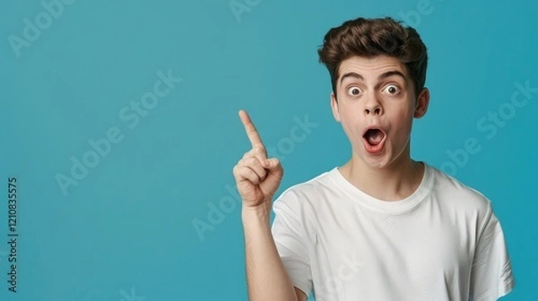 Fototapeta The surprised boy opened his mouth and pointed at the photocopying area while standing.