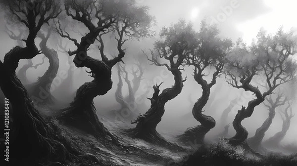 Fototapeta In eerie woods shrouded in fog, dark shadows stretch among twisted trees, whispers echo in the stillness, creating an unsettling, haunting atmosphere of nightmare. Whispering Woods. Illustration