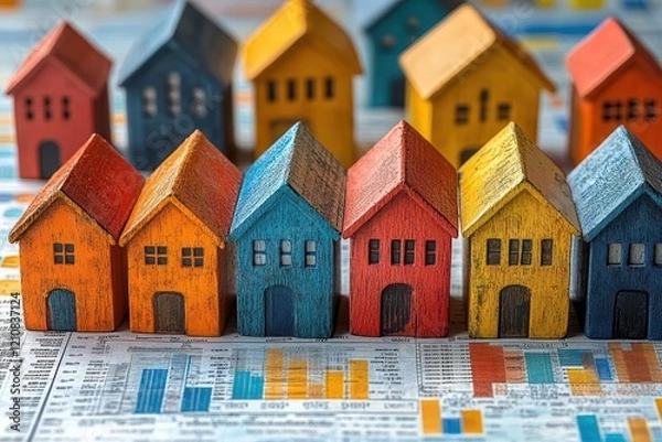 Fototapeta collage of diverse houses representing the housing market creatively arranged against a backdrop of financial graphs and statistics conveying growth and diversity