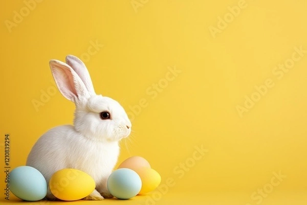 Fototapeta White rabbit is standing in front of a yellow background with a few eggs
