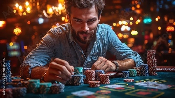 Fototapeta Man playing poker at a dimly lit casino table under warm ambient lights during an exciting night