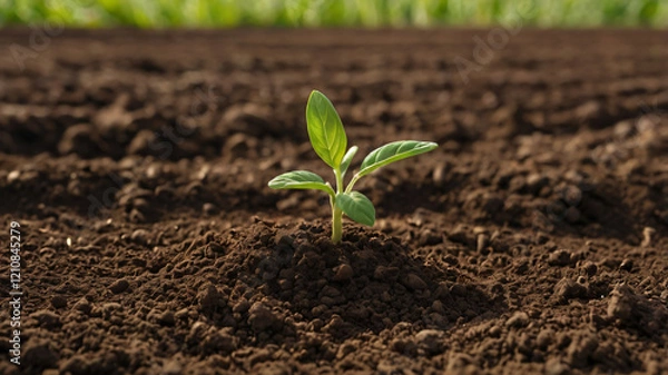 Obraz New Life Sprouting, Delicate Green Seedling bravely pushes through rich, dark soil, symbol of growth, resilience, and new beginnings. Its tiny leaves reach towards the sunlight.
