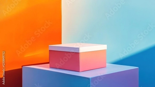 Obraz Pink box on pastel platform, colorful background, studio shot, product display