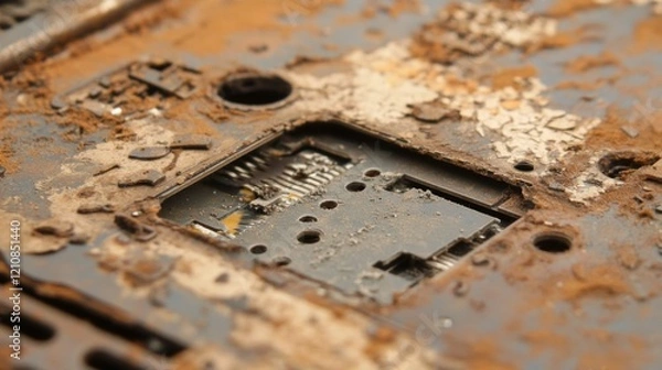 Fototapeta Close-up of a severely rusted and damaged electronic circuit board.