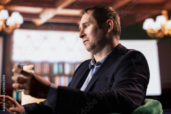 Fototapeta Confident business professional enjoying scotch drink during meeting in a retro style club with a friend, focusing on collaboration and building trust. Upper class negotiations between billionaires.