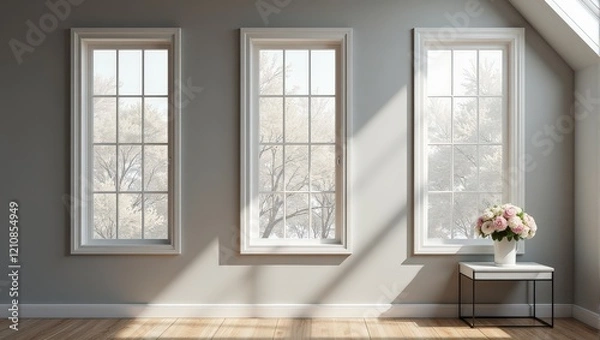 Fototapeta Three elegantly aligned white-framed windows grace a sleek gray wall; their symmetry evokes calmness, inviting light and balance into the space