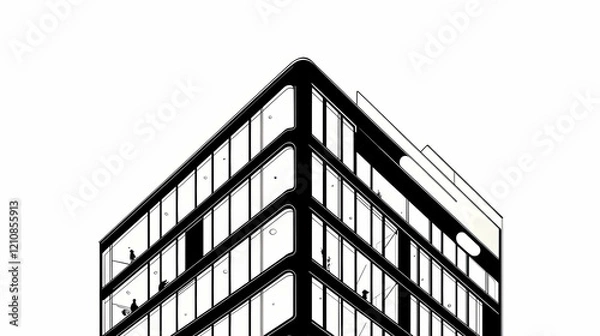 Fototapeta Black and white illustration of a modern building with visible interior spaces and people.